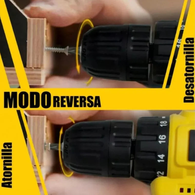 KIT TALADRO INALÁMBRICO ATORNILLADOR + 26 ACCESORIOS + 2 BATERIAS REGALO