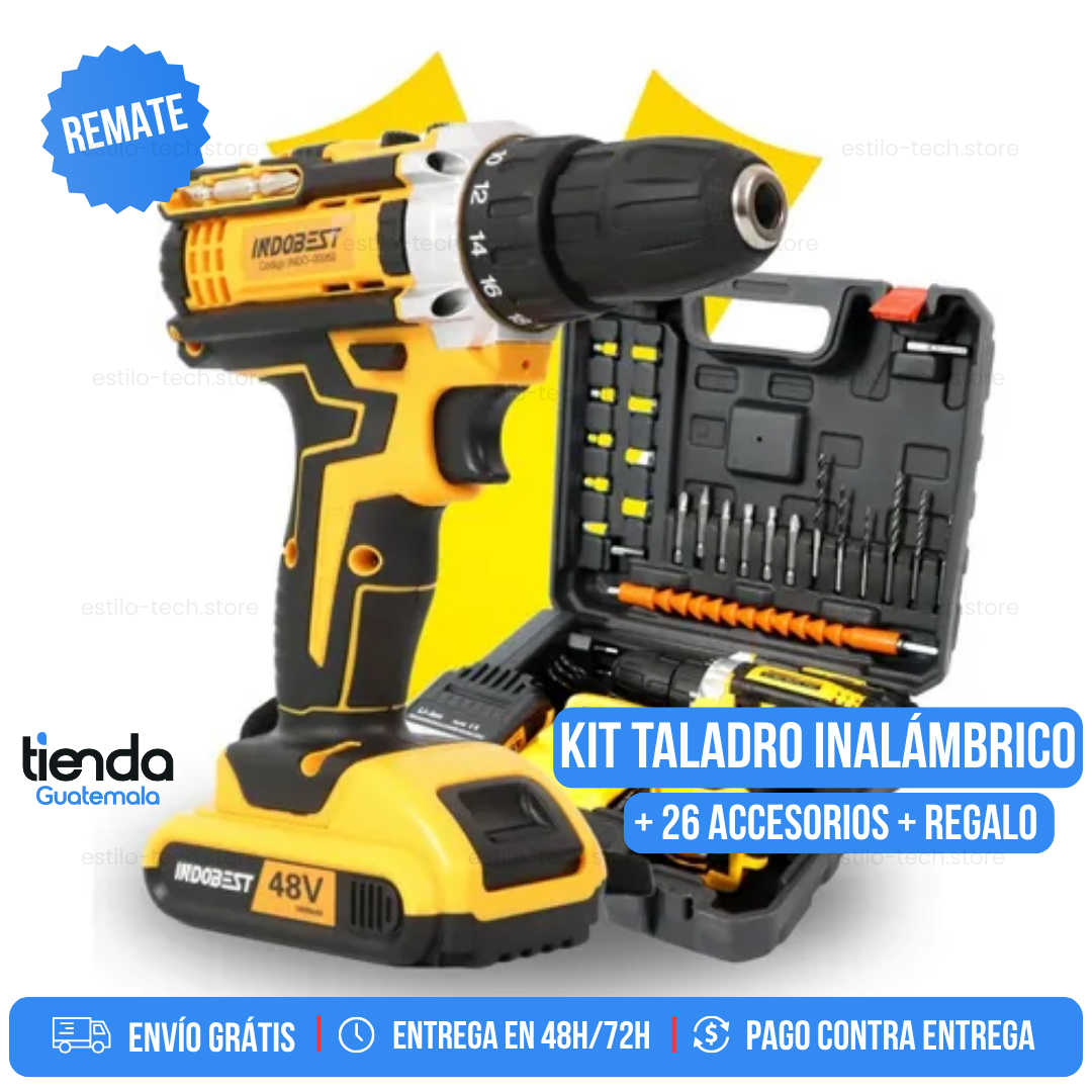 KIT TALADRO INALÁMBRICO ATORNILLADOR + 26 ACCESORIOS + 2 BATERIAS REGALO