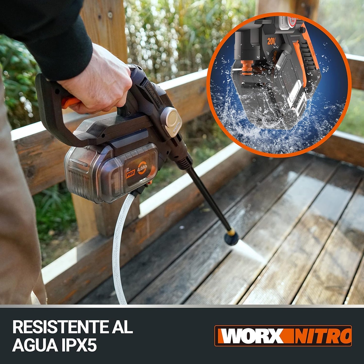 HIDROLIMPIADORA WORX NITRO HYDROSHOT 20V - MOTOR BRUSHLESS 56 BAR CON BATERÍA 4.0Ah Y CARGADOR