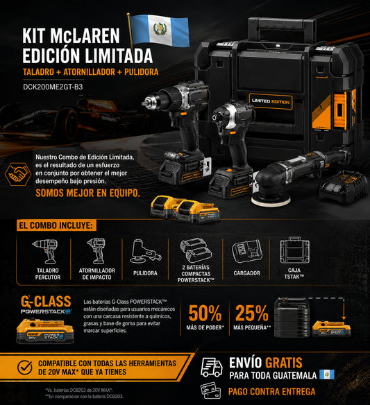 Kit MClaren Dewalt Edicion Limitada Taladro + Atornillador + Pulidora Dck200me2gt-b3